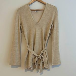 Cache Sparkly Gold Silk/Nylon Long Sleeve Sweater Hoodie with Tie Waist